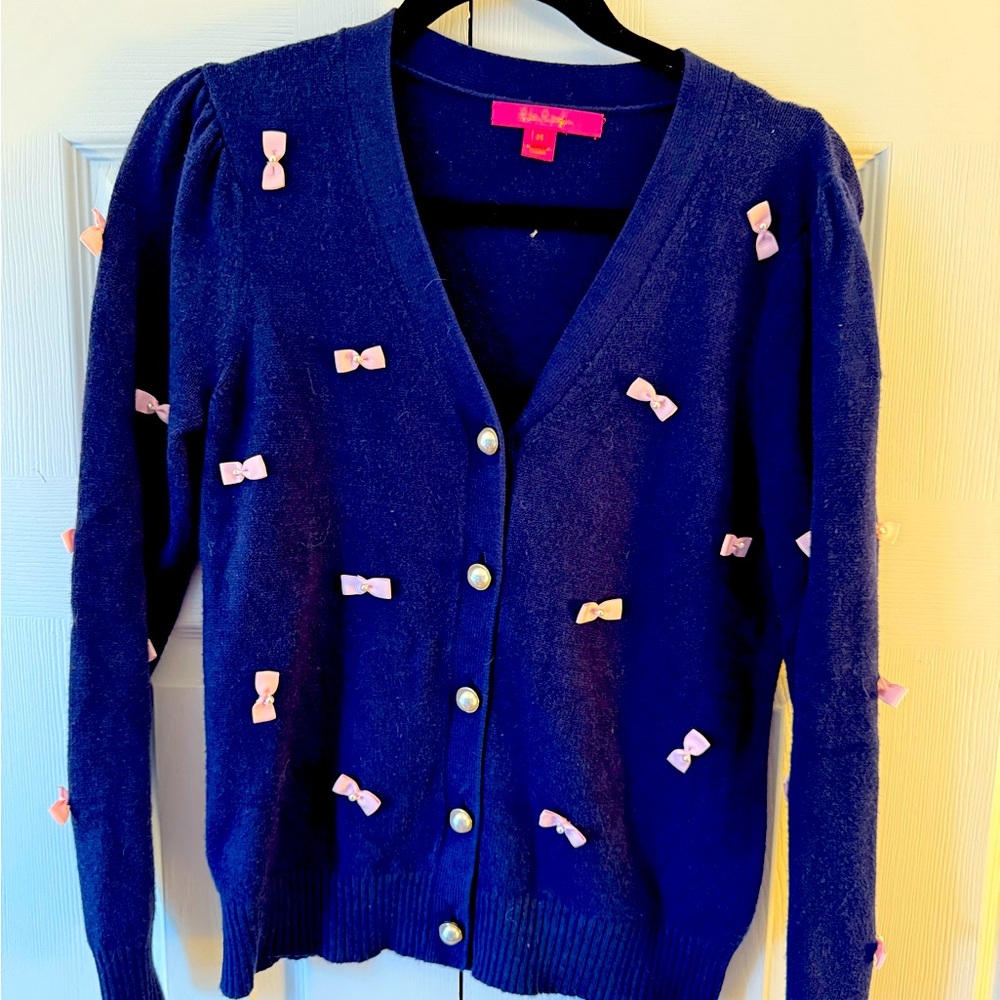 Lilly Pulitzer Blue and Pink Cardigan Sweater with Bow Details